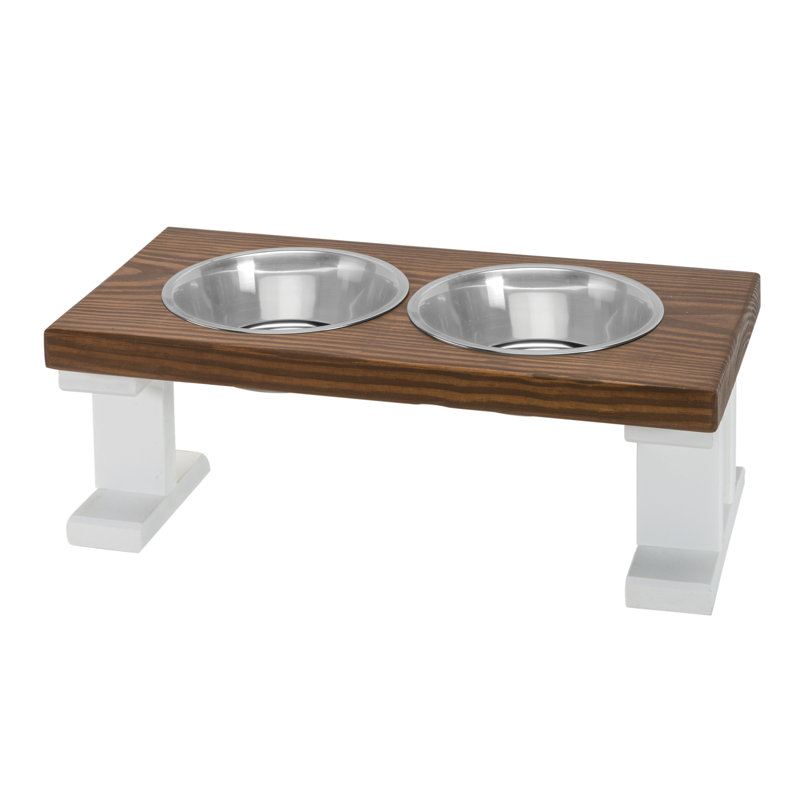 Chestnut and White Elevated Stainless Steel Pet Feeder, 8 Inch