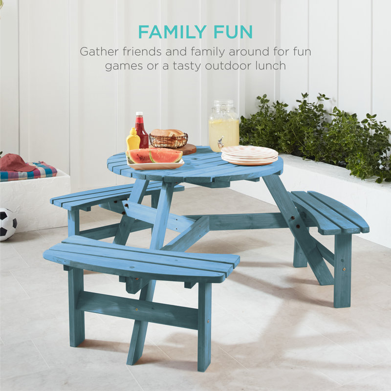  6-Person Circular Outdoor Wooden Picnic Table W/ 3 Built-In Benches, 500Lb Capacity - Seaside Breeze, Blue