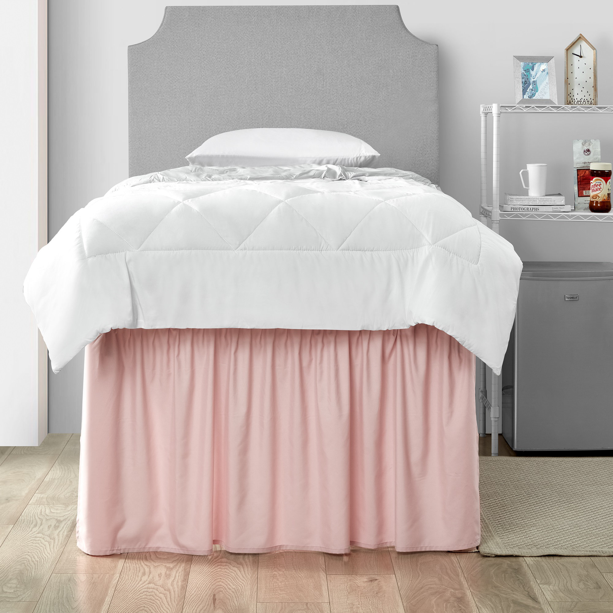 DormCo Dorm Sized Bed Skirt Panel With Ties (3 Panel Set) Silver Pink