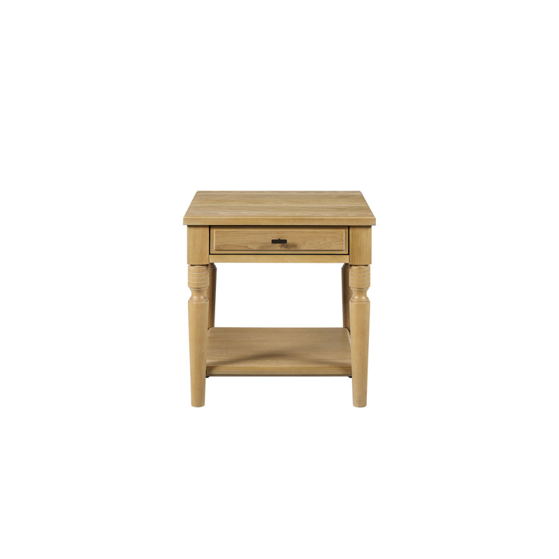 Table d'appoint Cashew avec placage et finition colorée, un tiroir, intérieur fini, pieds tournés classiques pour un style intemporel, tablette inférieure ouverte, espace de rangement supplémentaire, bois massif beige, 61 cm (24 po)