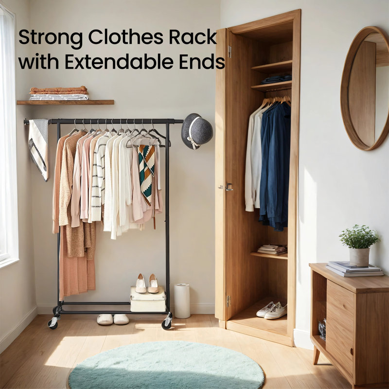 Portant à vêtements avec roulettes, portemanteau robuste, portatif à vêtements, avec rail de suspension extensible, capacité de charge de 220 lb