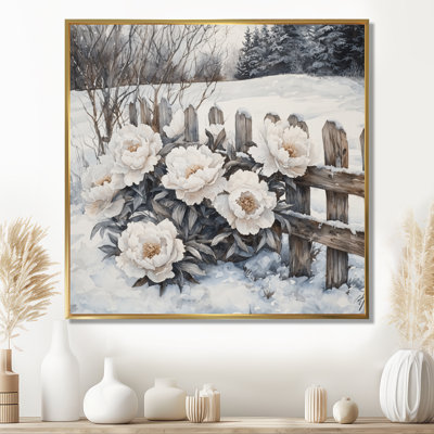 Pivoines d'hiver par la clôture enneigée I - Art mural floral