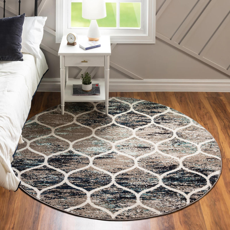 Llanet Geometric Area Rug, Round 5'3", Multi Blue