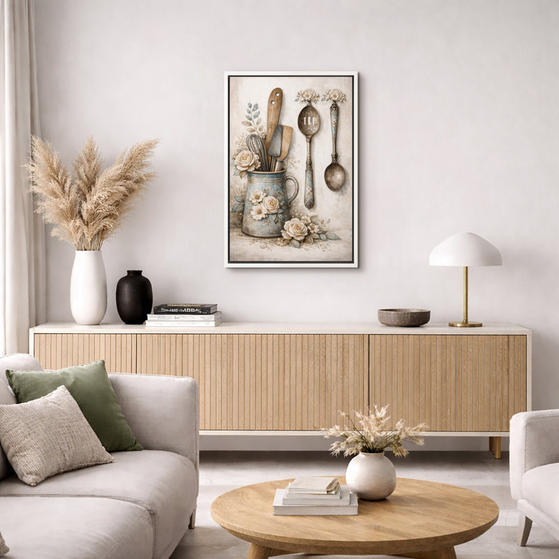 «Vintage Kitchen Utensils Floral Still Life», images de cuisine, impression sur toile encadrée, impression numérique