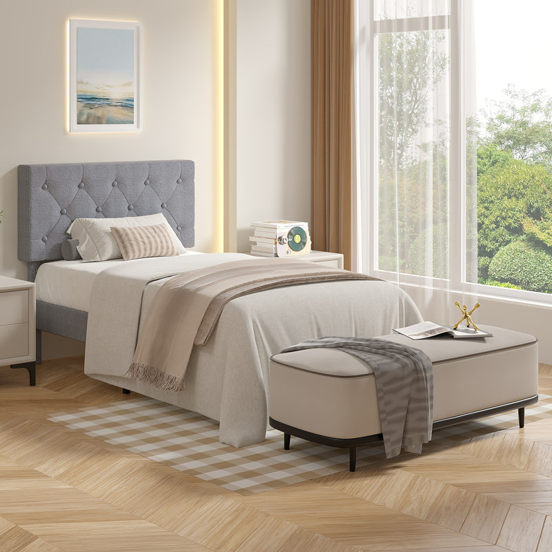 Grey Twin Size Velvet Upholstered Platform Bed Frame with Diamond Tufted Headboard, No Box Spring Needed, Gray, Twin