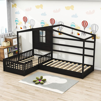 Oakengates Twin Size Wood L-Shaped House Beds with Fence