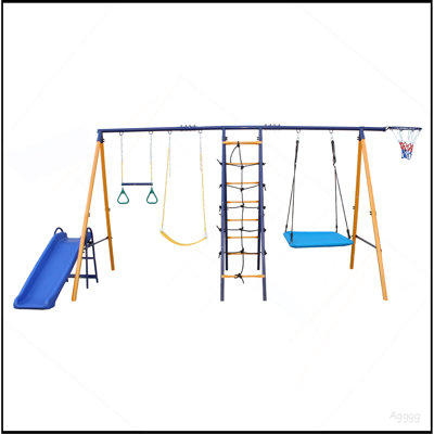 Portique de balançoire en métal robuste avec glissière, 2 sièges de balançoire, 1 filet d'escalade et échelle, 1 anneau de gymnastique, 1 panier de 500 lb 7 en 1 pour enfants