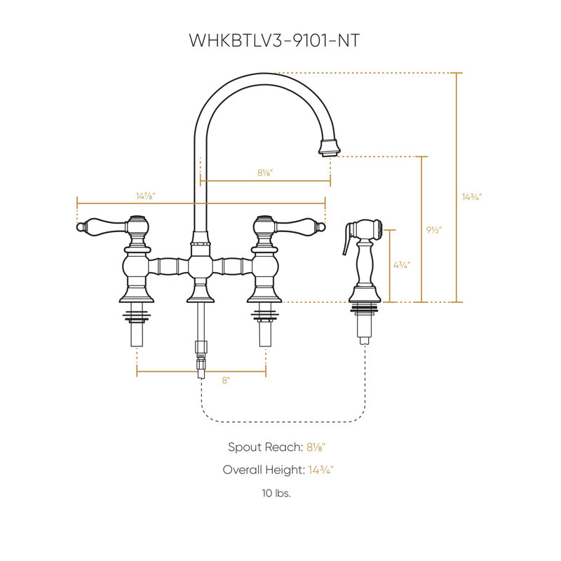 Whitehaus Collection Bridge Faucet with Long Gooseneck Swivel Spout, Lever Handles and Solid Brass Side Spray, Lever Handle