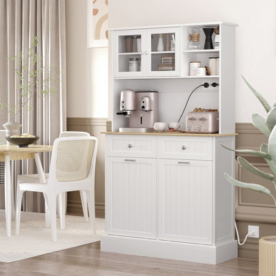 HOMCOM 68" Kitchen Pantry Storage Cabinet With Charging Station, 2 Tilt Out Trash Cabinets And Microwave Stand, Freestanding Kitchen Hutch With Glass Doors And Adjustable Shelf, White