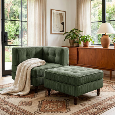 Upholstered Green Tufted Corduroy Modular Chaise Lounge with Pillow Back and Removable Flip-Tray Top Storage Ottoman