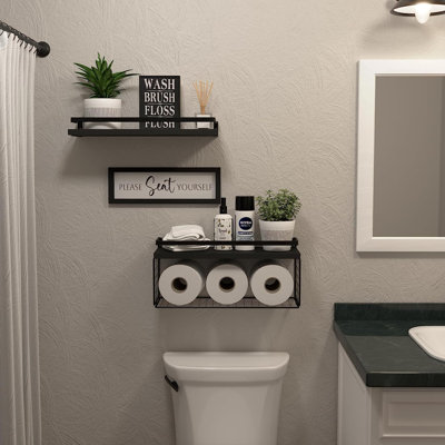 Floating Shelves with Wall Décor Sign, Bathroom Shelves Over Toilet with Wire Storage Basket, Wood Wall Shelves with Protective Metal Guardrail