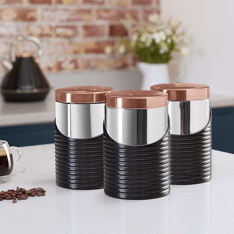 Tower 3 Piece Stainless Steel Black Storage Canisters | T826001RB | Black, Rose Gold | 11.6 x 11.6 x 17 cm