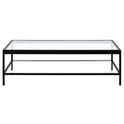 54" Wide Glass Top Coffee Table with Open Lower Shelf — Blackened Bronze Modern Metal Center Table for Living Room | Cleo