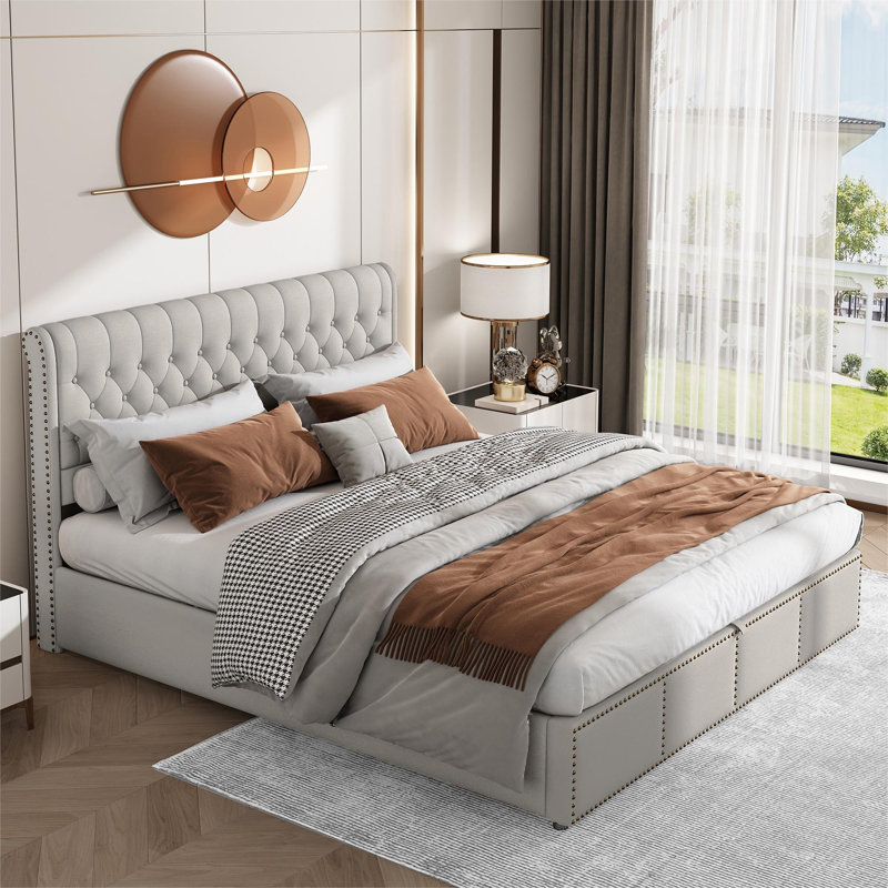 Abianna Upholstered UK Super King - DE 180 X 200 Cm Ottoman Storage Bed, Light Grey, Super King (6'), Linen