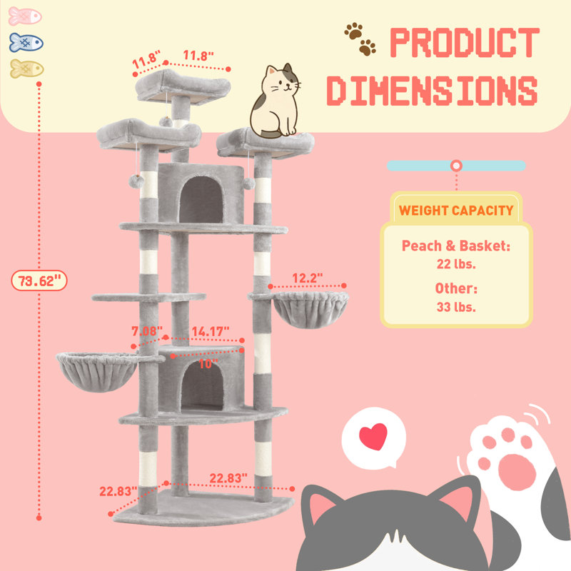 74'' H Carpet Cat Tree Condos and Platforms Included, with Scratching Posts and Basket, Grey