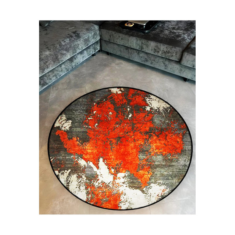 Orange Gray Themed Abstract Patterned Round Woven Base Modern Decorative Carpet, Round 2'8"