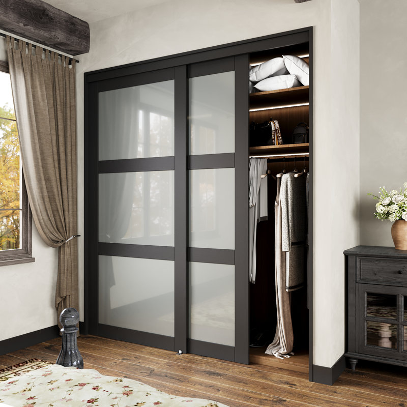 Black 80 in. 3 Lite Forsted Glasses  Pantry & Closet Sliding Doors With Hardware Kit  (No assembly required), Glass Black