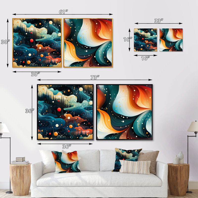 Cosmic Harmony - ensemble de 2 collages carrés abstraits, Cadre flottant noir, H 16 po x l 33 po