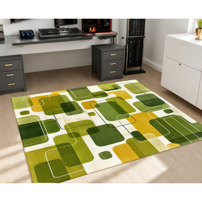 Tapis lavable en machine à motifs géométriques abstraits avec envers antidérapant, motif de carrés arrondis verts et jaunes, décoration intérieure confortable pour salon, chambre, entrée, cuisine, balcon, appartement