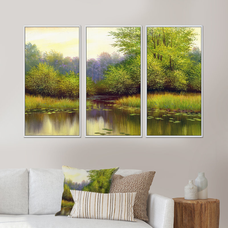 «Beautiful Summer River Green Landscape I», ensemble d'art mural sur toile encadré champêtre, H 32 po x l 48 po, Blanc