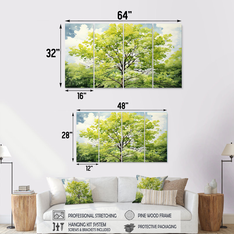 «Green Spring Blooms Tree I», art mural 4 pièces, H 32 po x l 64 po