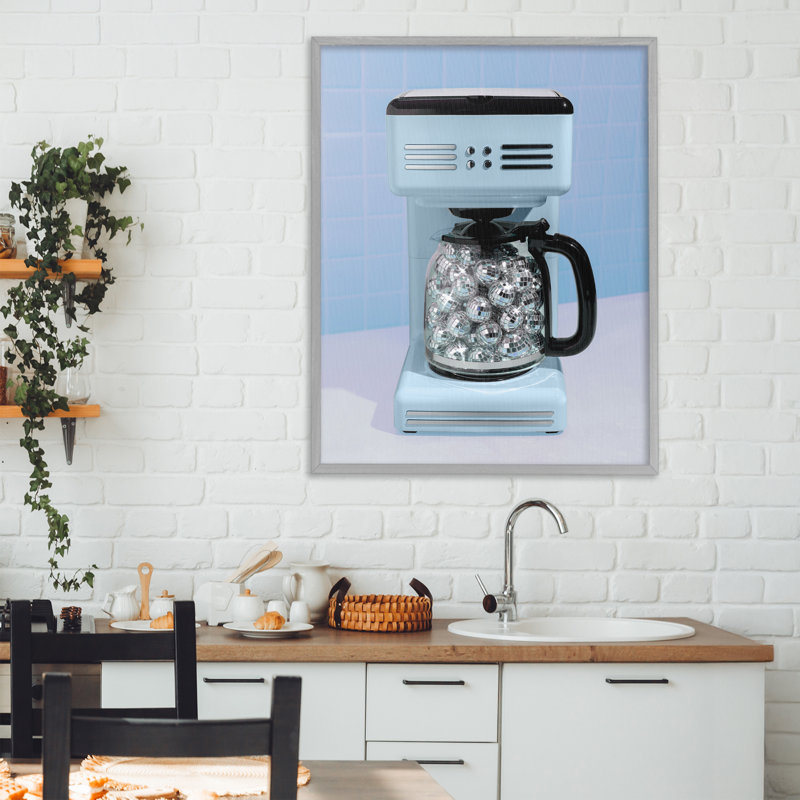 Machine à café disco sur giclée bleue, design par Lish Creative, 30 x 24, Farmhouse Gray Giclee Framed