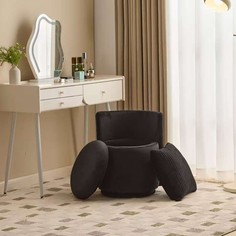 Velvet Vanity Chair With Storage, 360° Swivel Round Storage Ottoman With Pillows, No Assembly Modern Comfy Makeup Stool For Bedroom, Dressing, Living Room (black)