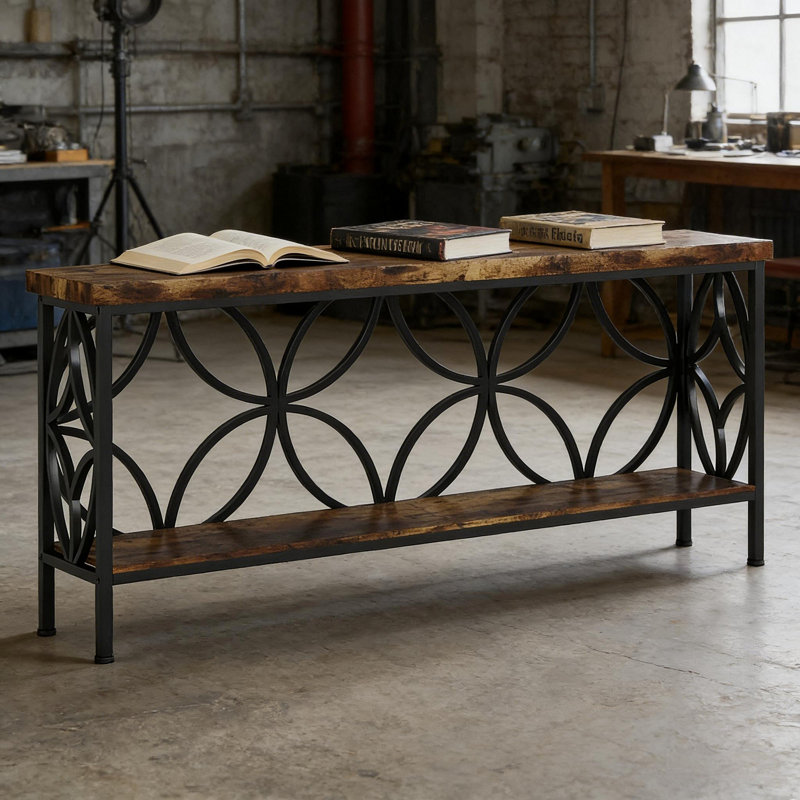 Console industrielle extra longue 70,9 pouces avec tablettes de rangement ouvertes, canapé étroit pour le couloir ou le salon, structure en métal, brun rustique