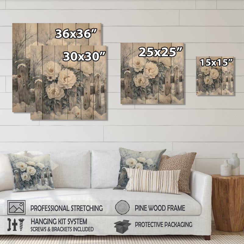 Peonies By The Snowy Fence In Winter II - Peonies Wood Print - On Natural Pine Wood, 36" H x 36" W x 0.78" D