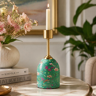 Handcrafted Tabletop Aqua Floral Taper Candle Holder