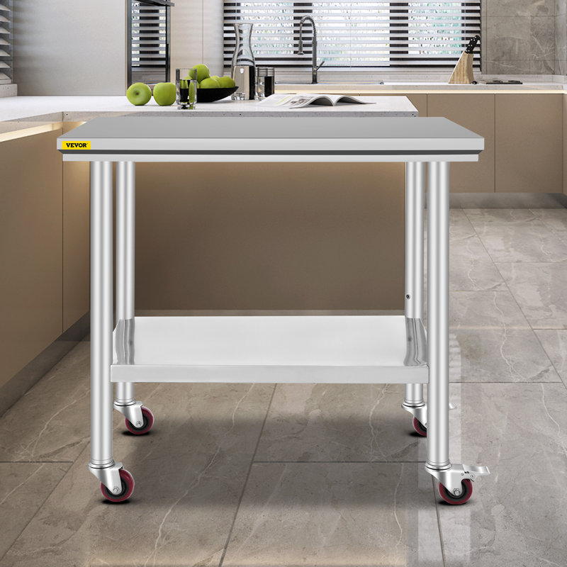 Table de travail en acier inoxydable 89 x 61 x 84 cm, capacité de charge de 136 kg, 4 roues, 3 hauteurs réglables, table de préparation alimentaire robuste pour cuisines professionnelles et restaurants, argent