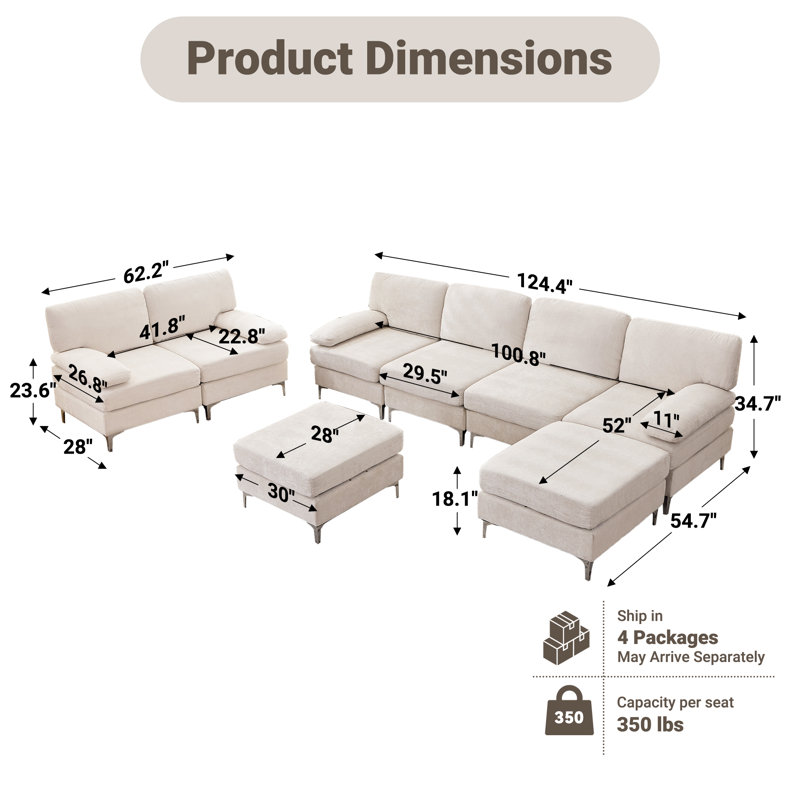 123.62‘’ Oversized Upholstered 8 Seater Modular Sectional Sofa Single Sofa, Beige