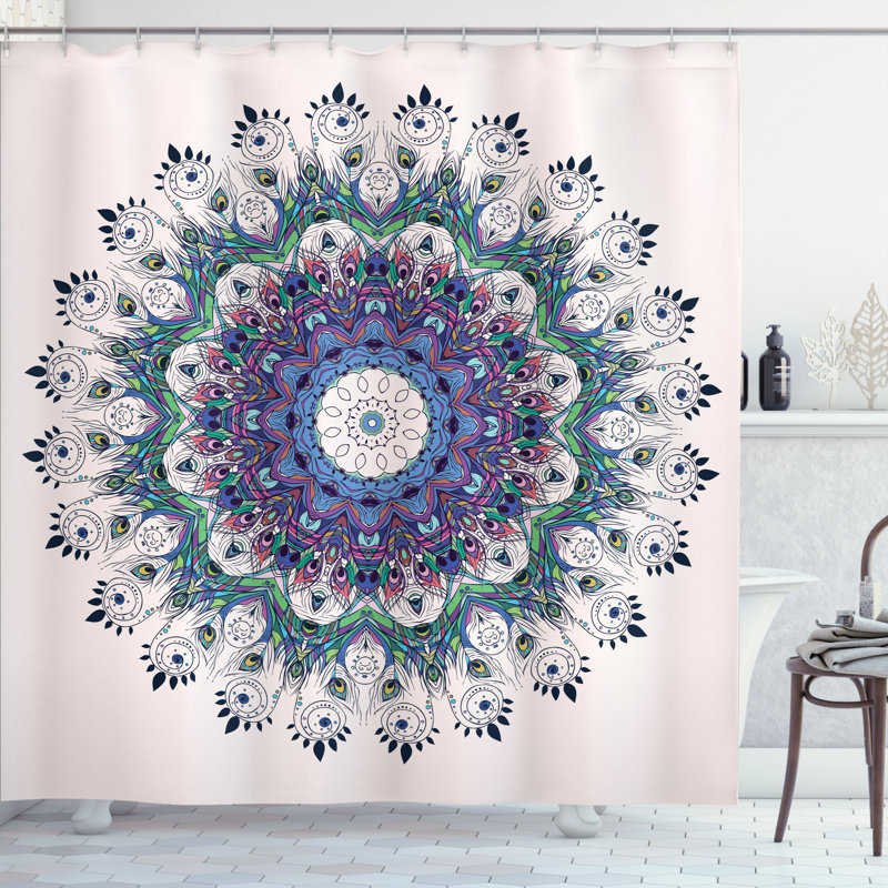 Ensemble de rideau de douche Mandala + crochets, H 69 po x l 105 po