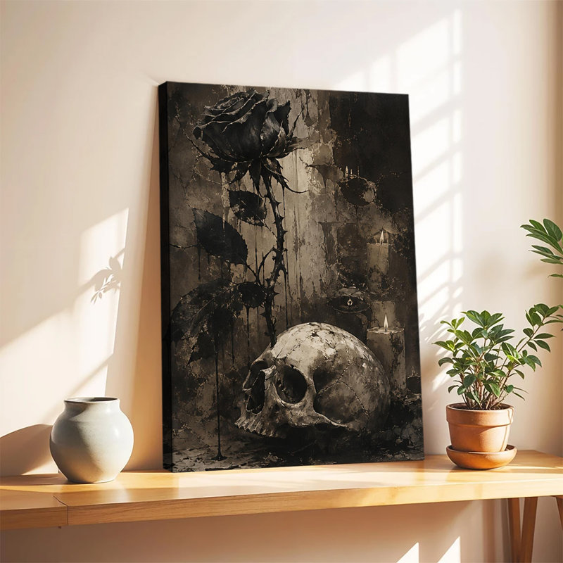 Rose noire vieillie et crâne humain avec bougies vacillantes - Toile murale gothique vintage pour l'Halloween, 20 x 24 po