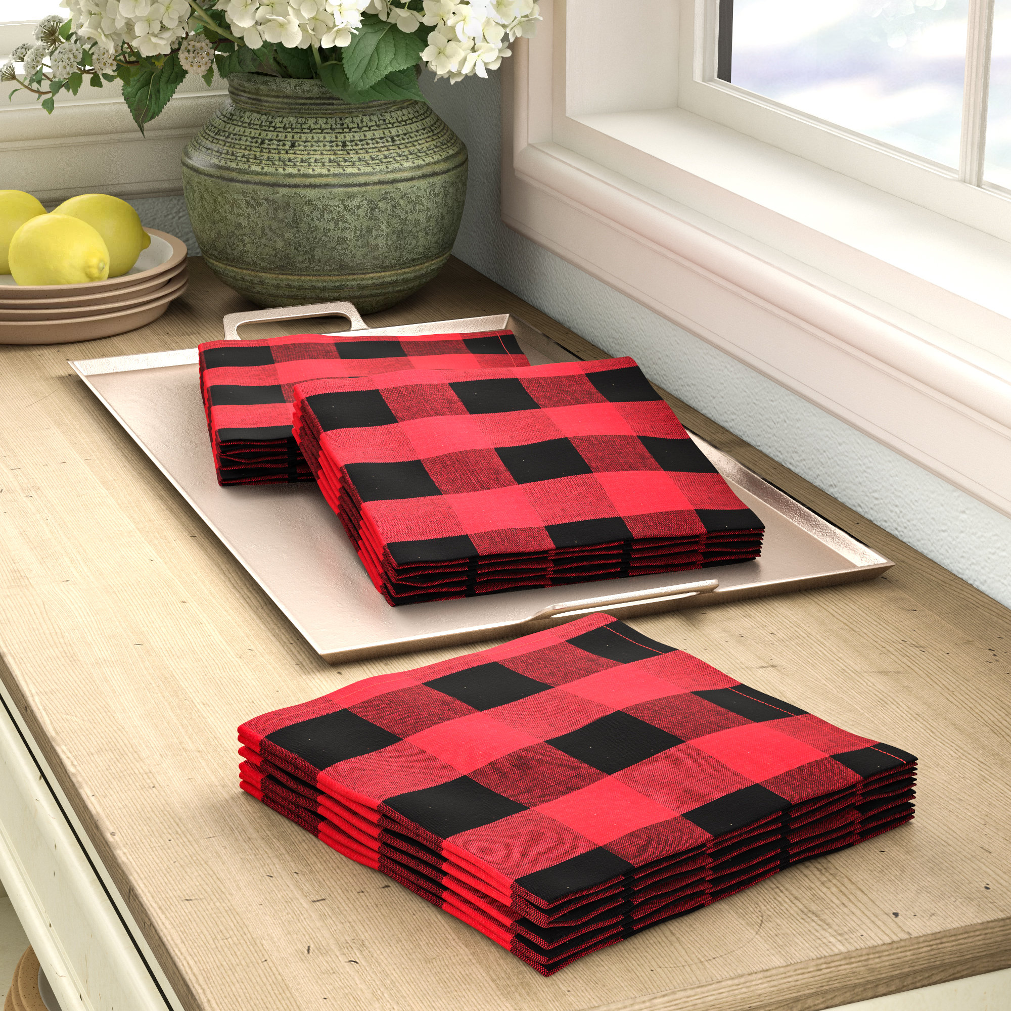 Loa 6 Piece Cotton Napkin Set, Red/Black