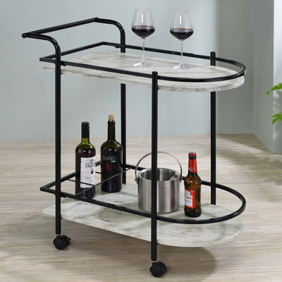 Contemporary Metal Serving Cart With Faux White Marble Tops And Portable Wine Rack For Drinks Modern Shelving Lockable Rolling Wheels by Latitude Run