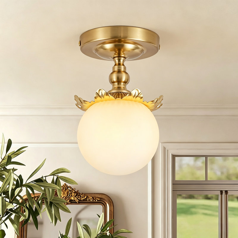 1-Light Modern Brushed Brass Semi Flush Mount Ceiling Light with Opal Glass Globe
