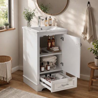 Ensemble de meuble-lavabo simple 20 po avec lavabo en céramique, un tiroir, un meuble-lavabo simple autoportant avec porte à fermeture douce, tablette réglable, style moderne, blanc