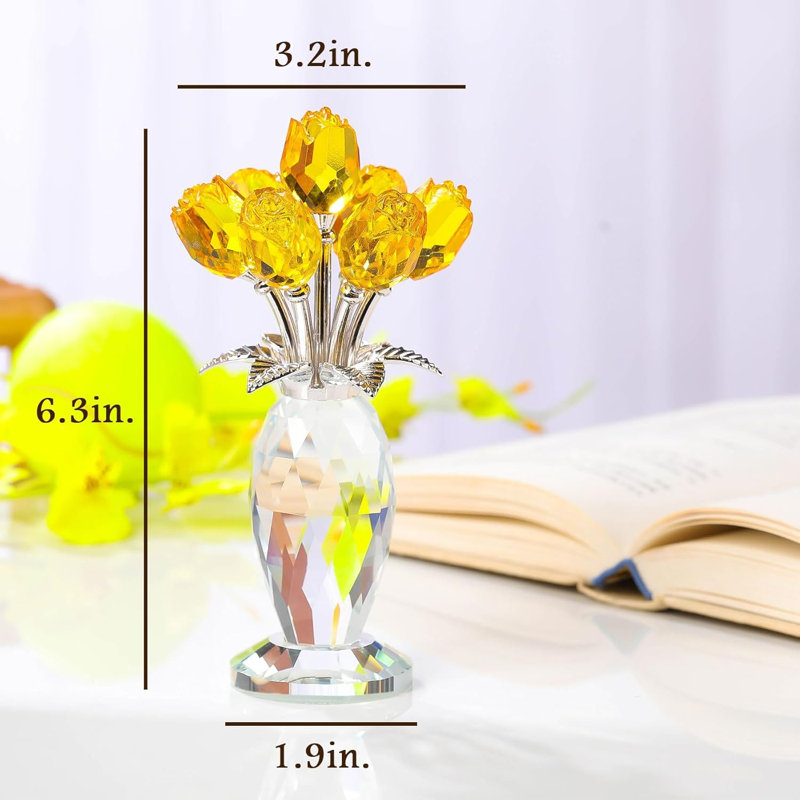 Handmade Crystal Rose Bouquet With Decorative Vase, Floral Tabletop Accent For Home Décor, Yellow