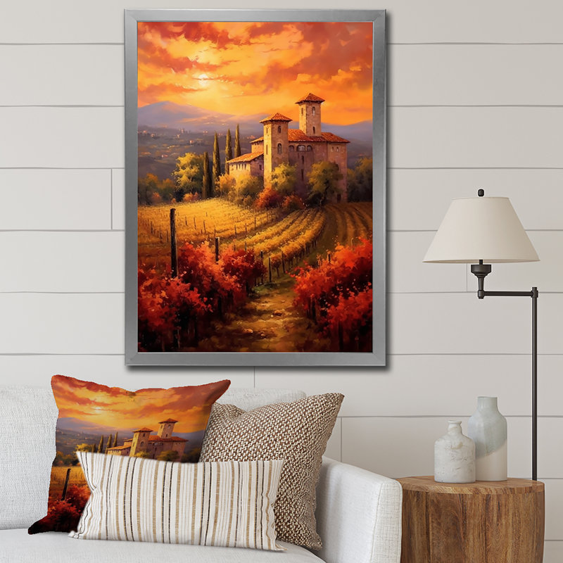«Beautiful Sunset Castle In Italian Vineyard I», reproduction sur toile, Cadre photo argenté, H 20 po x l 12 po x P 1 po