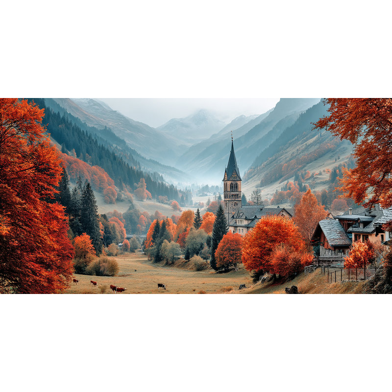 «Autumn Village», art mural sur toile tendue, H 24 po x l 48 po