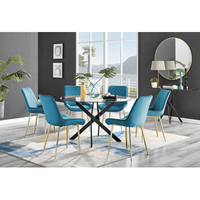 Tierra Modern Chrome Metal & Glass Round Dining Table Set with 6 Luxury Faux Leather Chairs