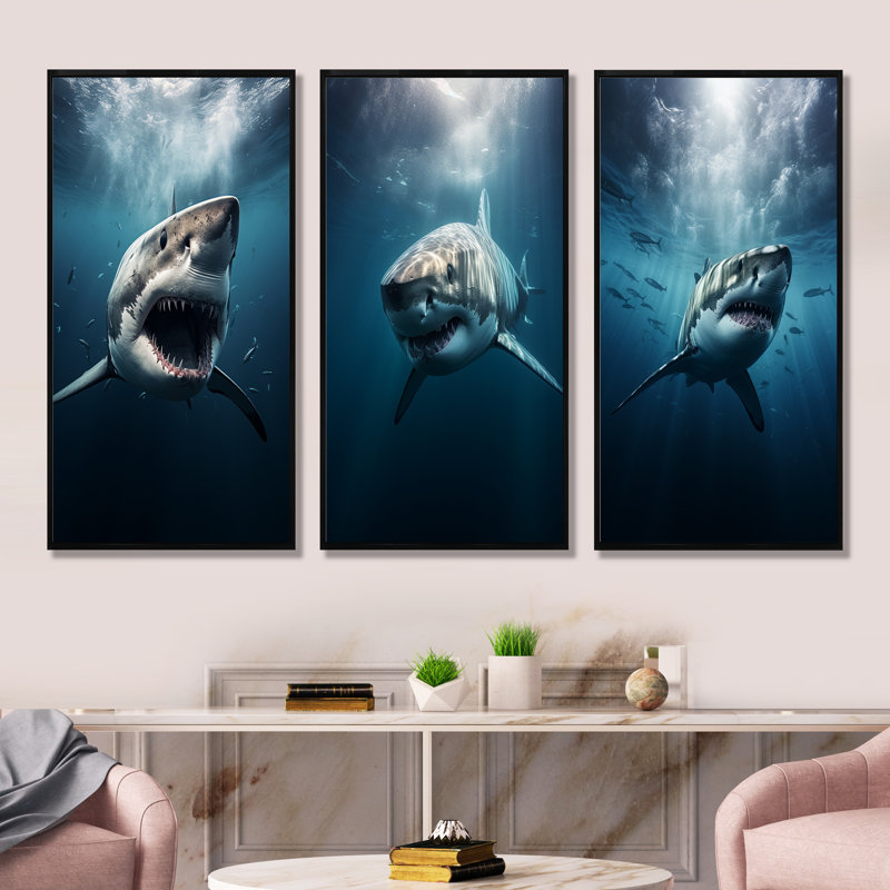 Requin bleu apex photo prédateur - ensemble de 3 reproductions d'art sur toile, H 28 po x l 36 po, Cadre flottant noir