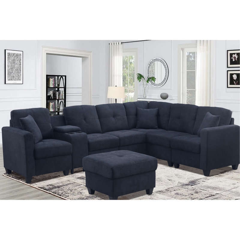 Canapé modulaire 7 pièces bleu foncé en microfibre douce avec coussins en forme de peau haute, deux porte-gobelets et une structure en bois massif pour une utilisation confortable