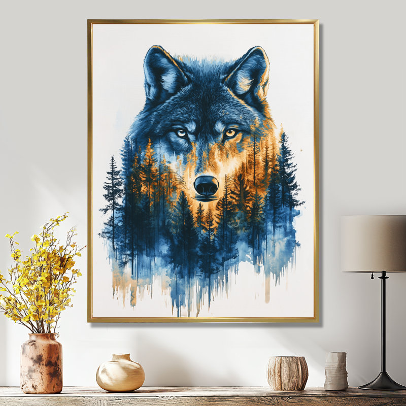Giesbert, loup doré dans un paysage de forêt bleue III - loup, décoration murale, H 40 po x l 30 po, Doré
