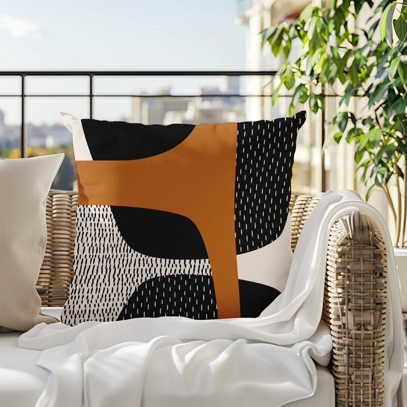 Coussin carré intérieur / extérieur pia, H 15 po x l 15 po, Orange brûlé / noir / blanc cassé