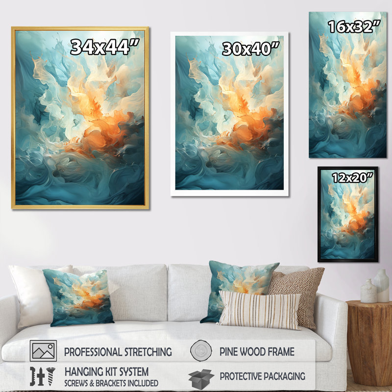 Fusion marine et blanche II sur toile, Cadre doré simple, H 40 po x l 30 po x P 1,5 po