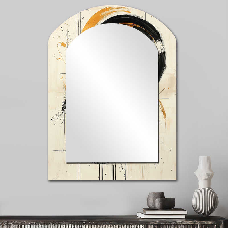 Black And Gold The Art Of Circle Chaos VI - Abstract Shapes Asymmetrical Decorative Wall Mirror, Black Arch Large Mirror, Printed Metal Art