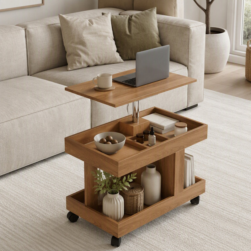 Petite table basse mobile avec plateau pivotant à 360 °, compartiment de rangement, roues verrouillables, Naturel