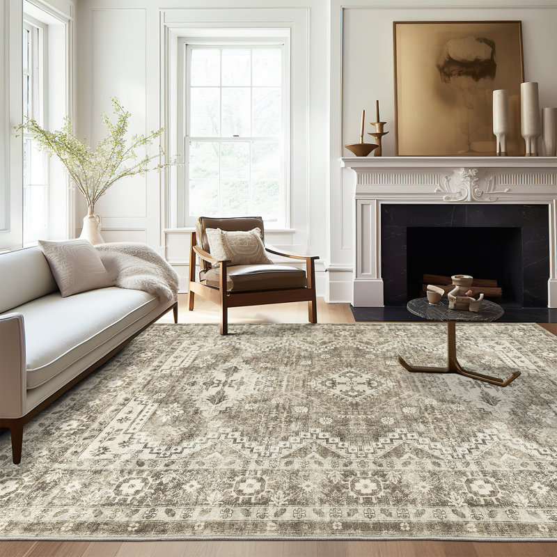 Tapis lavable - tapis résistant aux taches, tapis antidérapants ultra minces (beige / ivoire), Rectangle 6 pi x 9 pi